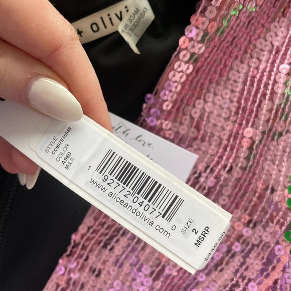 Alice + Olivia Blaze Colorblock Sequin Mini Dress Puff Sleeve Wrap Fit and Flare - Picture 5 of 12